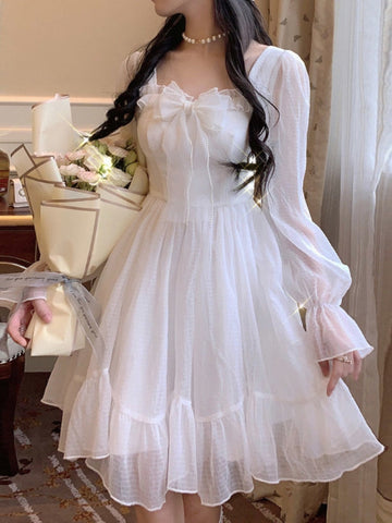 White Kawaii Dress Women Chiffon Lolita Style Long Sleeve Mini Dresses Bow Fairy Robe Ruffles Patchwork Square Collar