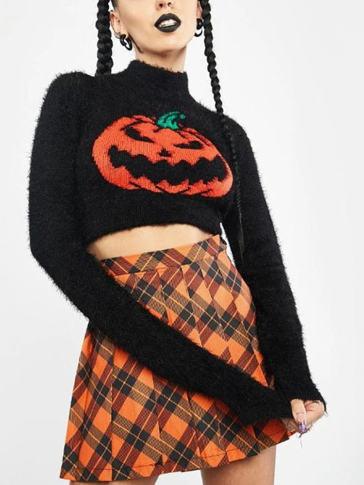 Gothic Black Pumpkin Print Women's Sweater Turtleneck Pullover Crop Long Sleeves Halloween Grunge Girls Party Top