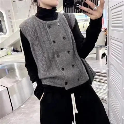 Autumn Winter Round Neck Double Breasted Knitted Vest Ladies Loose Casual All-match Cardigan Tank Top Women Sleeveless Sweater