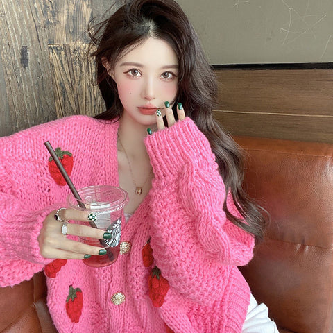 Women Harajuku Strawberry Loose Cardigan Sweater Fall Fashion Long Sleeve Korean Tops Chic Female Preppy Style Y2k Sweater