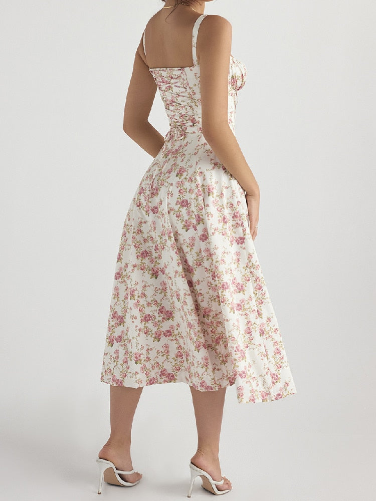 Sexy Cross Lacing up Bandage Back Flower Print Sling Dress Corset Style Bow Pleated Ruched Chest Hem Slit Swing Midi Robe