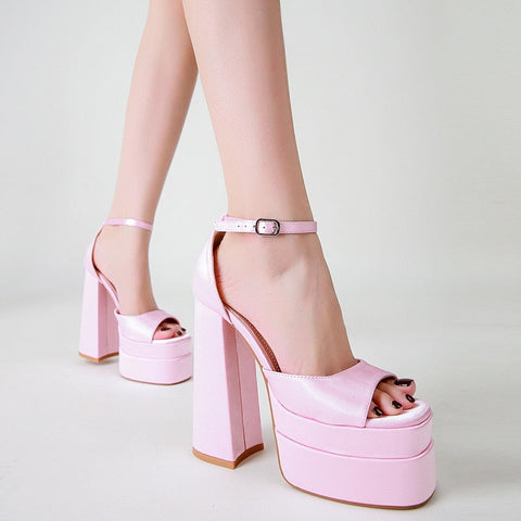 Party Sandals Block Heel Double Platform Women Sandals Evening Dress Heeled Sandals Cool Woman Shoes Square Toe Silk High Heels