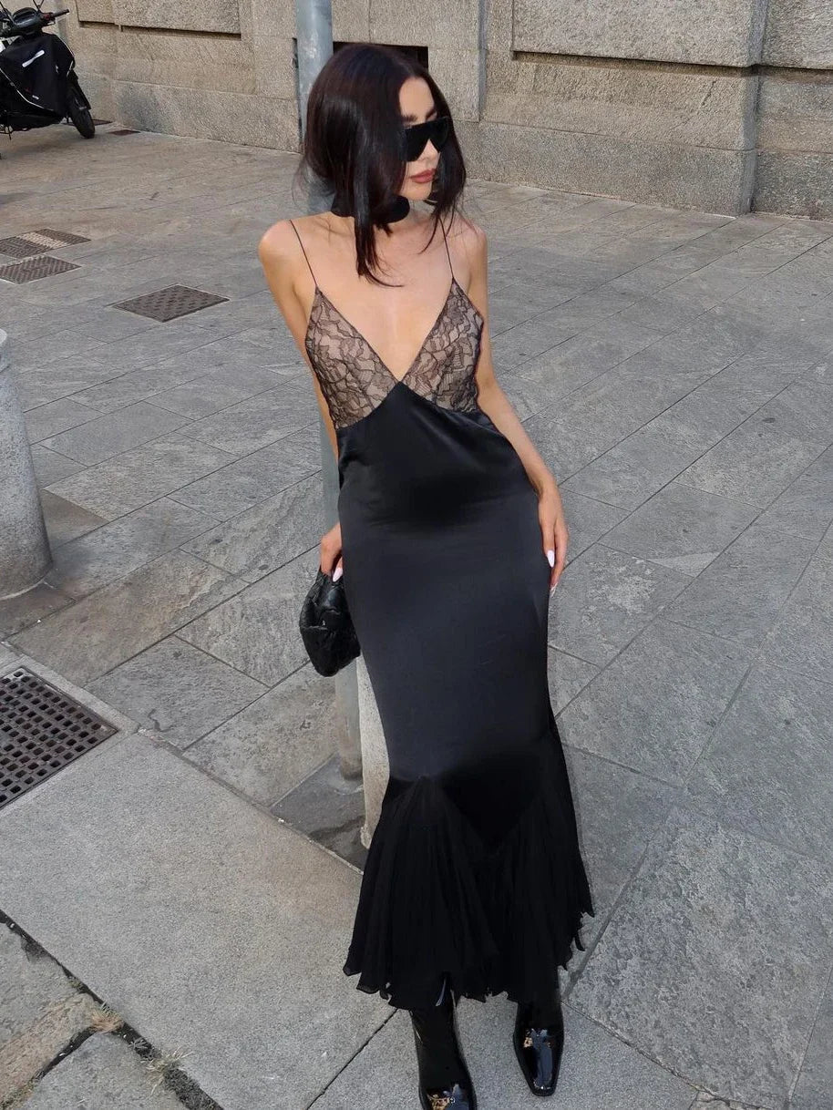 Female Mesh Lace Halter Dresses Patchwork Backless Slim Sexy Fashion V-Neck Spaghetti Maxi Dress Women Printed Long Dress