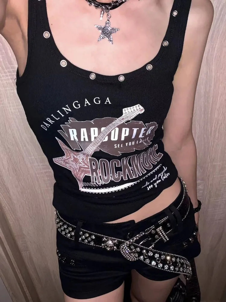 American Vintage Punk Rock Camisole for Women Summer Sexy Slim Fit Print T-shirts Y2k E-Girl Sleeveless Black Tops