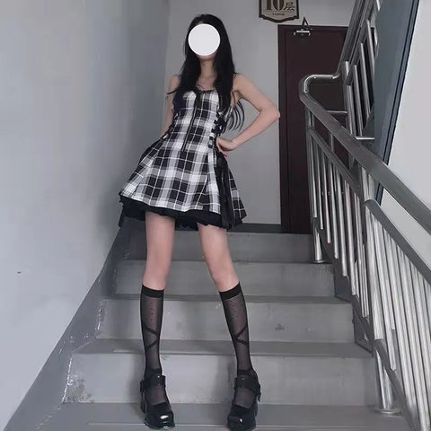 Kawaii Lolita Plaid Mini Dress Gothic E Girl Y2k Dresses Ulzzang Sweet Aesthetic Sets Sundress Fairy Grunge Cute Mall Dresses