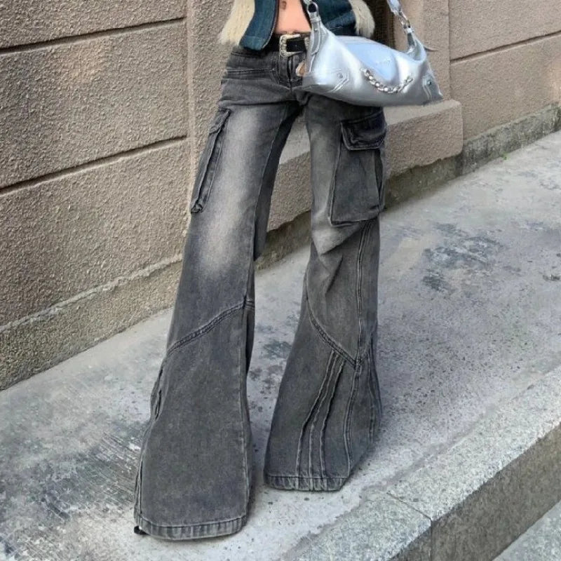 Grey Pocket Design American Low Waist Workwear Jeans for Women Vintage Clothes Loose Spicy Girl Straight Leg Flared Cargo Pants