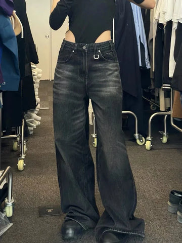 Vintage Black Wide Leg Jeans Women Oversized High Street Korean Fashion Baggy Denim Trousers Grunge Y2k Female Hip Hop