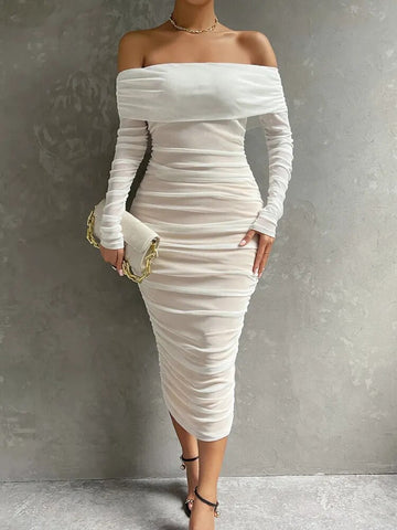 Solid Mesh White Midi Dresses Women Clothing Off Shoulder Long Sleeves Autumn Dress Backless Ruched Sexy Party Vestido