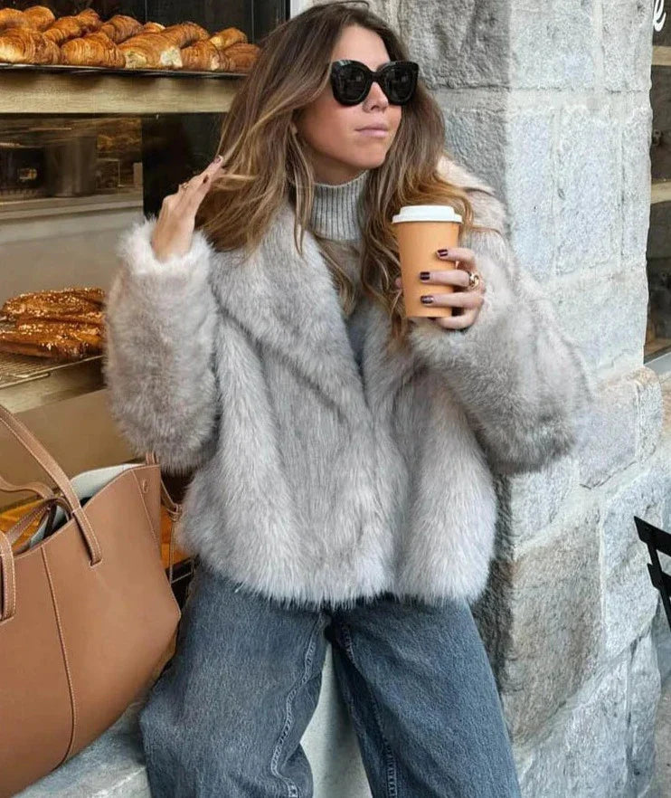 Women Fashion Cropped Faux Fur Jacket Coat Long Sleeve Front Snap-button Female Outerwear Chic Lapel Collar Thick Coat