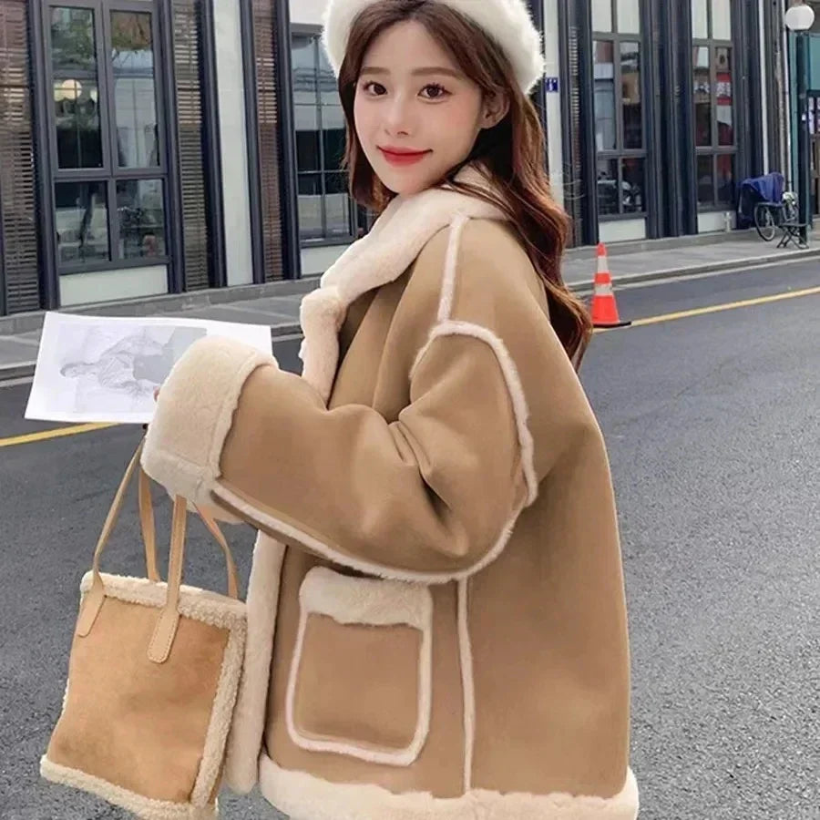 Pink Sherpa Cashmere Jacket Ladies Short Winter Fur Solid Color Loose Stitching Long Sleeve Small Korean Style Thickening New