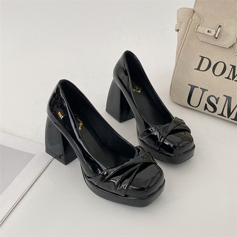 Pphmm Woman British Style Leather Pumps Casual Shoes For Women Square Heeled Shoes Elegant High Heels Shoes Ladies NEW Lolita Shoes