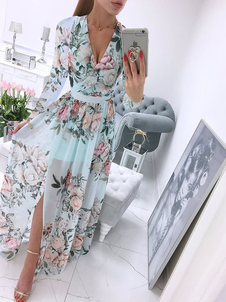 New Sexy V-Neck Women Sleeveless Solid Party Dress Casual Draped Festive Dress Elegant Summer Chiffon Wrap Slit Maxi Dress Mujer