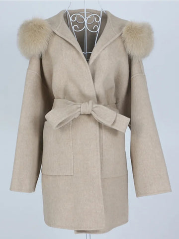 New Oversize Loose Cashmere Wool Blends Real Fur Coat Winter Jacket Women Natural Fox Fur Collar Hood Outerwear Belt