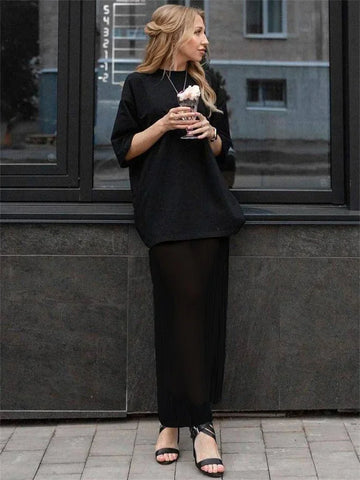 Mesh Pleated See-Through Long Skirt For Women Sheer Sexy Hollow Out Holiday Beach Skirt Female High Waist Y2k Maxi Skirt