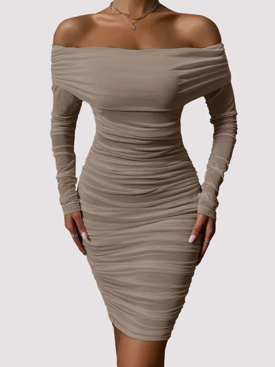 Solid Mesh White Midi Dresses Women Clothing Off Shoulder Long Sleeves Autumn Dress Backless Ruched Sexy Party Vestido