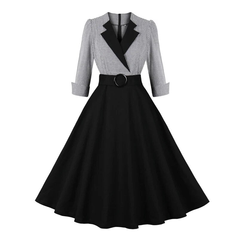 Plaid and Black Elegant Ladies Rockabilly Cotton Dresses Notched Collar 3/4 Sleeve Autumn Winter Women Vintage Dress