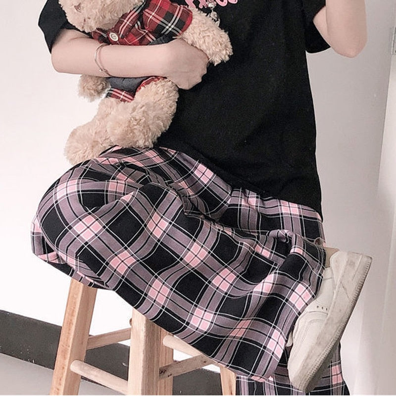 Black and Pink Plaid Pants Oversize Women Pants High Waist Loose Wide Leg Trousers Ins Retro Teens Straight Trousers Streetwear