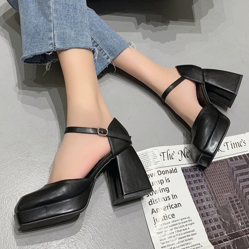 Ankle Strap Platform Pumps Women Pu Leather Square Toe Mary Jane Shoes Woman Goth Thick High Heels Shoes Ladies