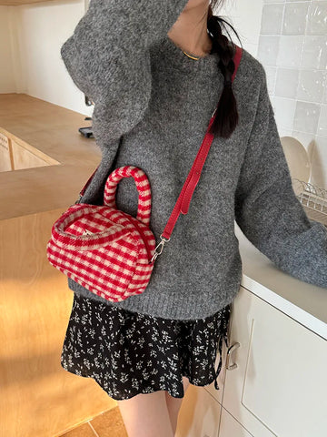 Red Christmas Plaid Women's Shoulder Bag Vintage Female Small Crossbody Bags Retro Woolen Girls Clutch Handbags Tote Purse