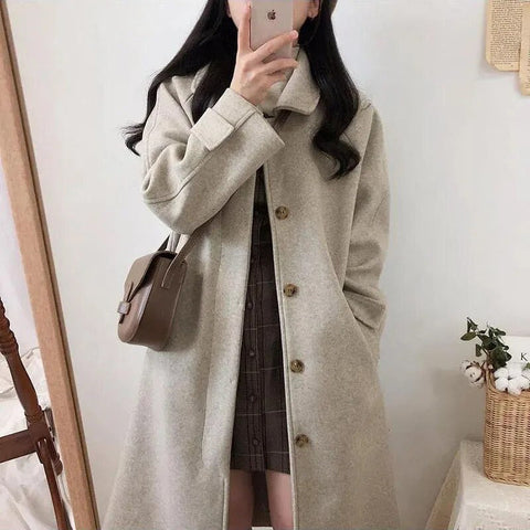 Autumn Winter Women Faux Woolen Coat Fashion Korean Oversized Midi Thicke Jacket Harajuku Solid Elegant All Match Blends Outwear