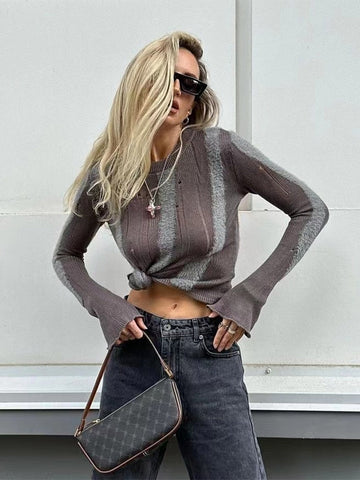 Fashion Knit Stripped O-neck Pullover For Women Sexy Long Flare Sleeve Slim Fit Inner Sweater Autumn Fashion Streetwear