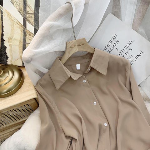 Chiffon Blouse Women's White LongSleeve Tops Spring Korean Fashion Shirt Solid Color Niche Loose Shirt Women Plus Sizes