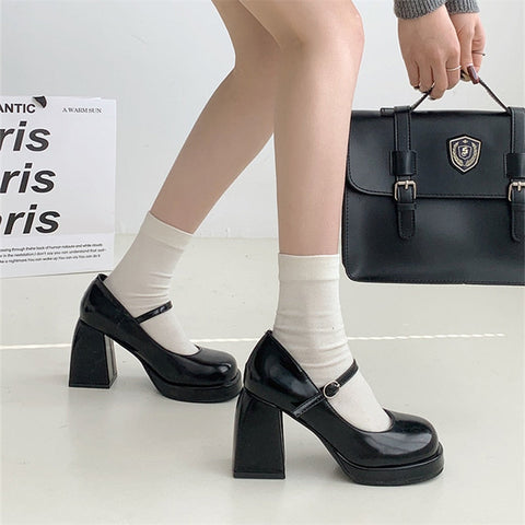 Woman Pumps Mary Jane High Heels Shoes Leather Casual Shoes Women Retro Style Square Heeled Shoes Ladies Elegant Lolita Shoes