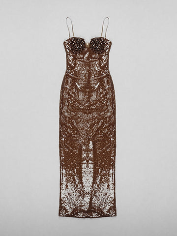Sexy V Neck Spaghetti Straps Slit Long Dress Luxury Sleeveless Sequins Flower Bodycon Dress Celebrity Runway Club Party Dress