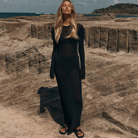 Black Knitted Beach Dress Women Sexy See Through Long Sleeve Maxi Dress Holiday Party Bodycon Dress Summer Beachwear Cover Ups