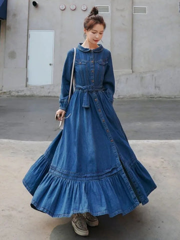 Dresses for Women Autumn Winter Fashion Versatile Women's Clothing French Retro Denim Robe Solid Large Skirt Hem Long Dress