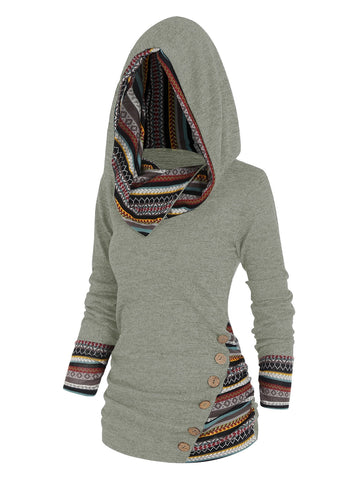 Tribal Geometric Stripe Panel Hooded Knit Top Long Sleeve Mock Button Knitted Women Casual Ethnic Top With Hood