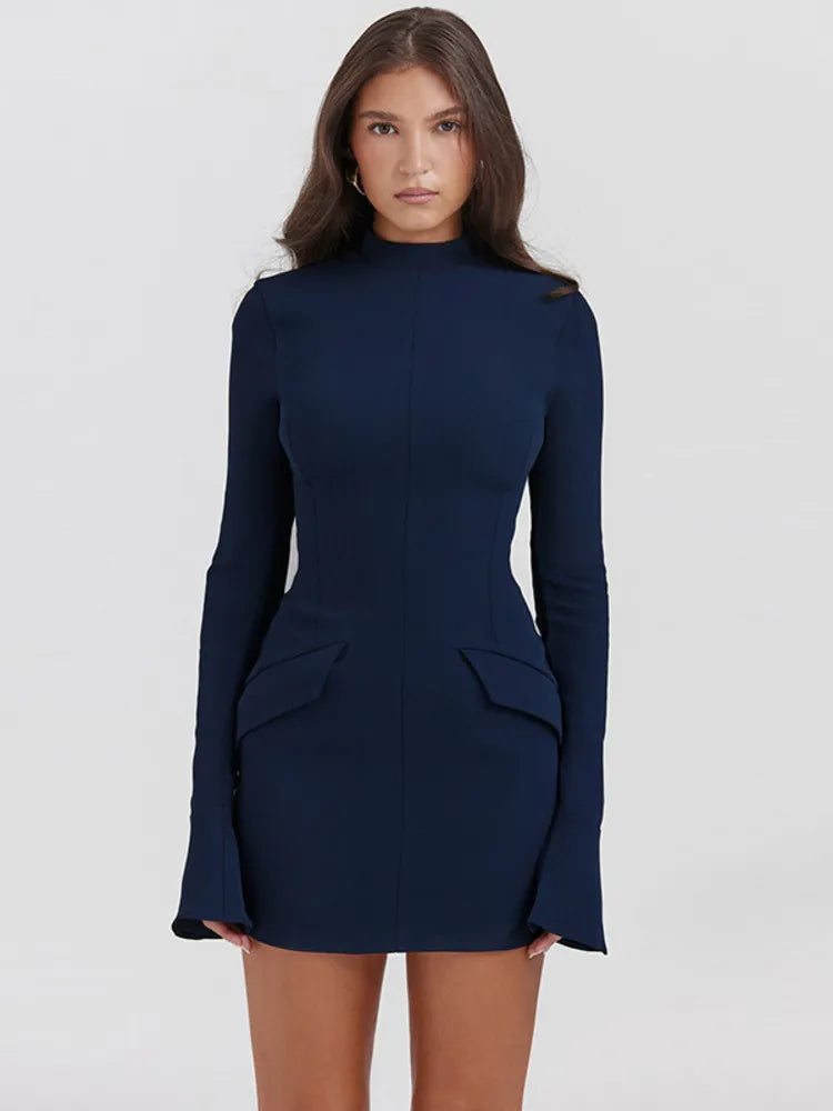 Dark Blue Two Pocket Sexy Mini Dress For Women Autumn Winter New Long Sleeve Bodycon Club Party Dress Elegant