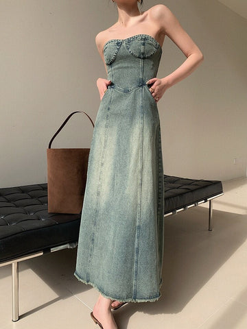 Vintage Elegant Party Midi Dress Women Korean Style Denim Strapless Dress A-line Temperament Sexy Streetwear Designer Dress