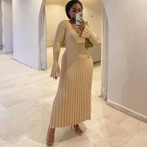 Autumn New V-Neck Knit Maxi Dress Women Ribbed Elegant Long Sleeve Streetwear High Waist Pleated Dresses Ladies Knitwear