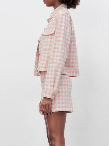 ZA spring new sweet girl pink checkerboard pattern suit jacket + temperament high waist checkerboard pattern casual shorts