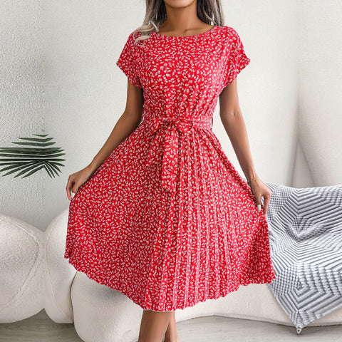 Fashion Floral Pleated A Line Long Dress Women Spring Summer Short Sleeve High Waist Chic Dress