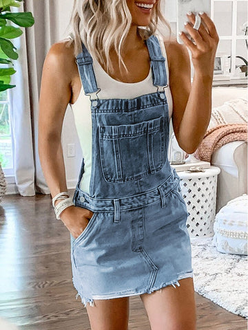 Women's Frayed Hem Adjustable Strap Denim Overall Dress Classic Casual Mini Jean Dresses Pocket Sleeveless Suspender Short Skirt