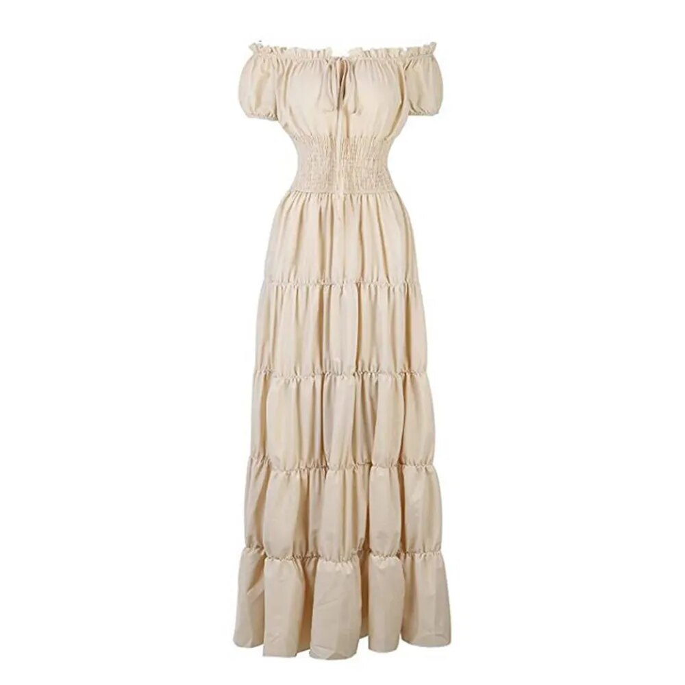 Elegant Medieval Renaissance Dress Boho Short Sleeves Off Shoulder Smocked Waist Retro Pleated Long Dress Costume Gown