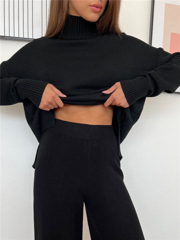 Women Solid Color High Collar Pullover Sweater Set Loose Knitwear Straight Pants Suits Autumn Winter Fashion Office Lady Outfits