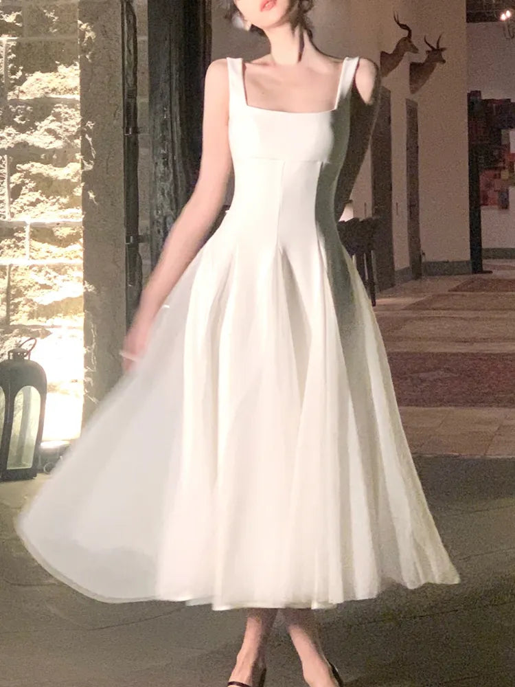Summer Elegant Y2k White Mini Dress Women Fairy Evening Party Strap Dress Retro Sleeveless Mesh Dress Korean Vestido Sundress