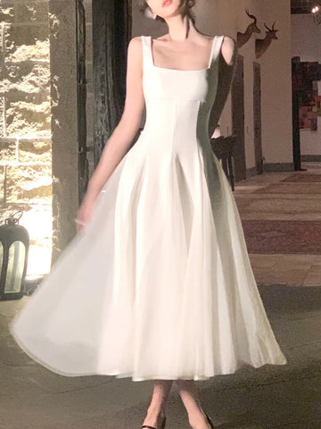 Summer Elegant Y2k White Mini Dress Women Fairy Evening Party Strap Dress Retro Sleeveless Mesh Dress Korean Vestido Sundress