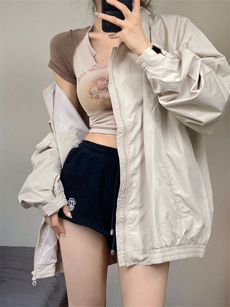 Y2K Windbreaker Jacket Women Korean Fashion Gorpcore Retro Zip Up Outerwear Oversized Harajuku Streetwear Vintage Coat