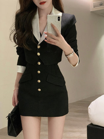 Black Y2k Mini Skirt Set Women Casual Korean 2 Piece Dress Set Crop Tops Jacket Tops + Short Skirts Elegant Suit Autumn New