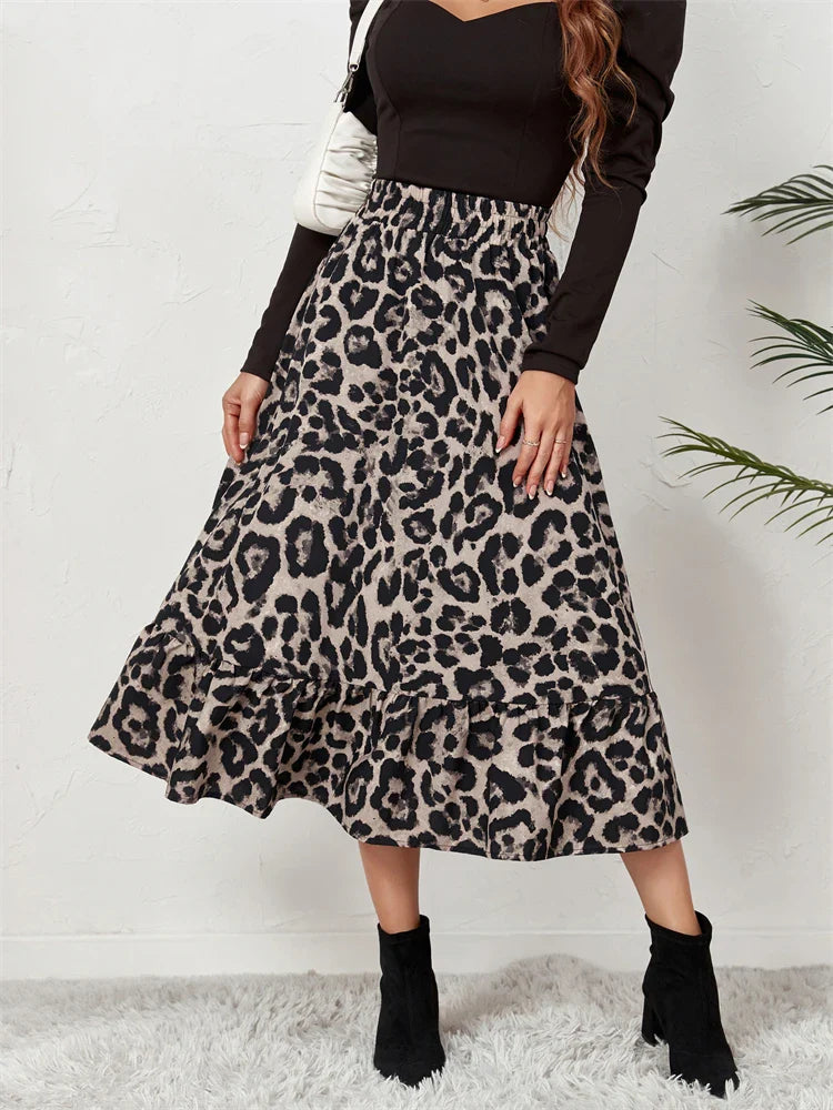 High Waist Leopard Midi Skirt For Women Casual Boho Printed Long Tulle Skirt Ladies Autumn New Chiffon A-line Skirt