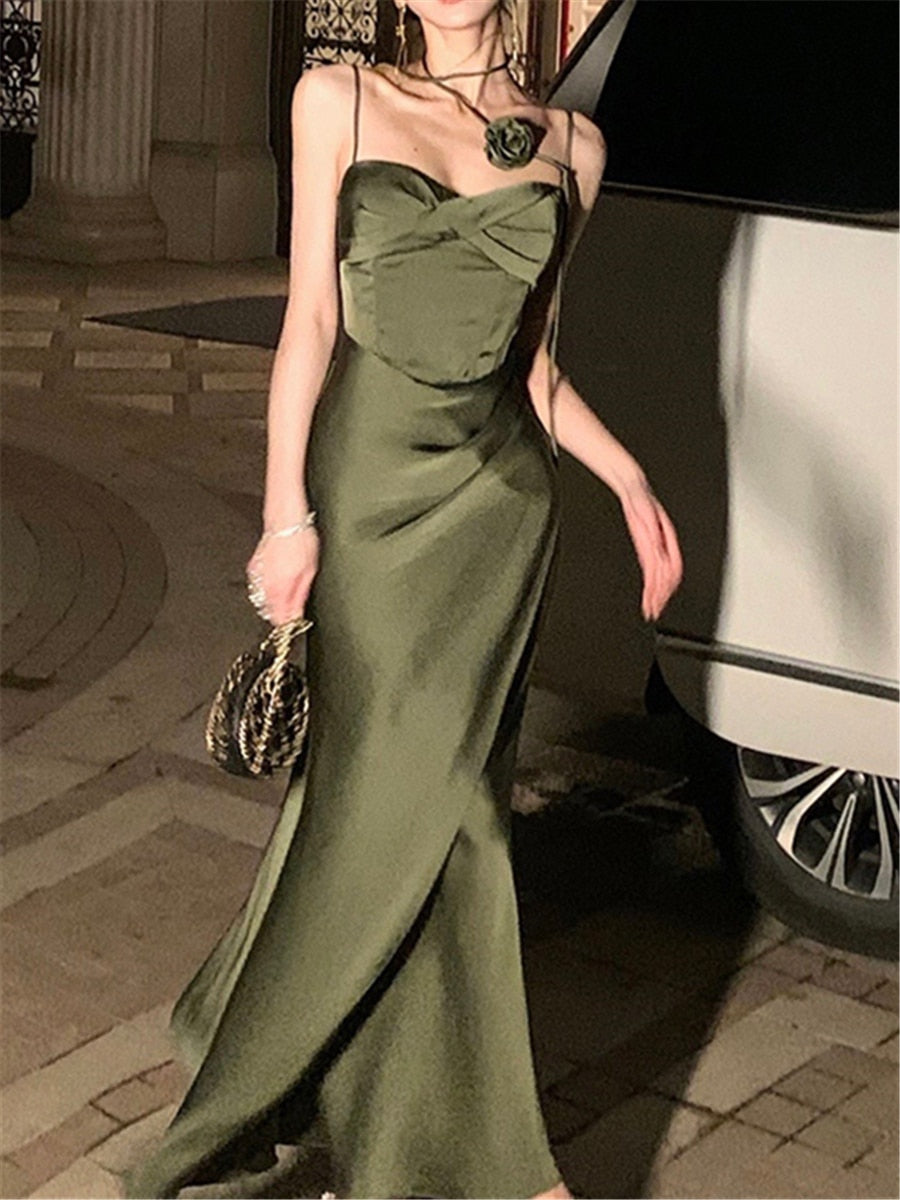 Midi Dress Women Elegant Summer Fashion Evening Party Lady Vestido Vintage Spring Bodycon Sexy Satin Dresses Female Clothes