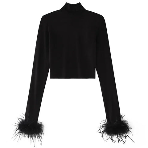 Women's Basic Black T-shirts Ladies Turtleneck Crop Tops Fit Skinny Tops Long Sleeve Ostrich Feather Streetwear Outfits