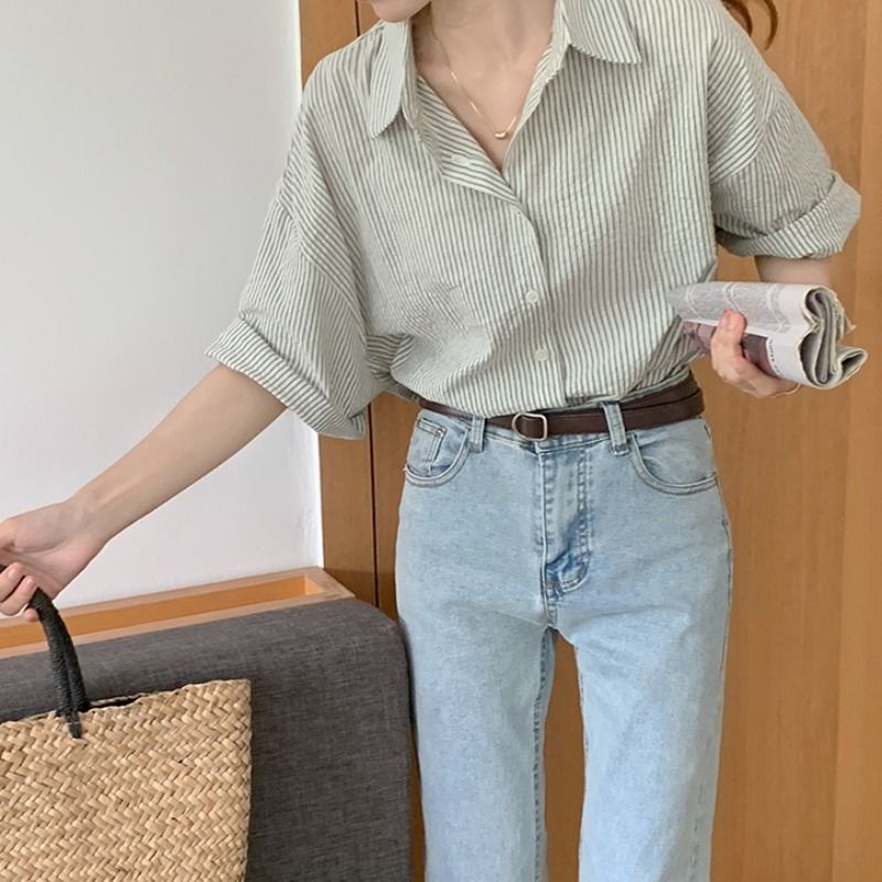 Elegant and Youth Woman Blouses Women's Clothing Spring Green Vertical Stripe Shirt Short Sleeve Chiffon Blouse Woman
