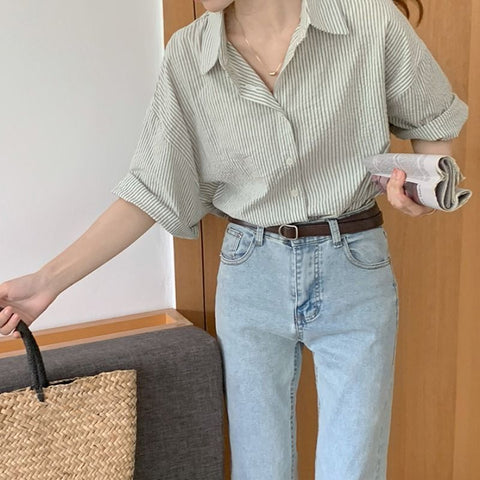 Elegant and Youth Woman Blouses Women's Clothing Spring Green Vertical Stripe Shirt Short Sleeve Chiffon Blouse Woman