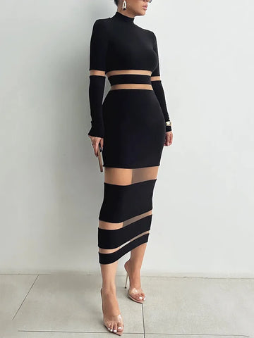 Patchwork Bodycon Sexy Midi Dress For Women Autumn Winter New Turtleneck Long Sleeve Club Party Sexy Dress Elegant