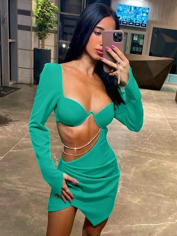 Autumn Diamond Chain Hollow Out Full Sleeve Mini Dress For Women Fashion Green Backless Ruched Dress Vestido Clothes